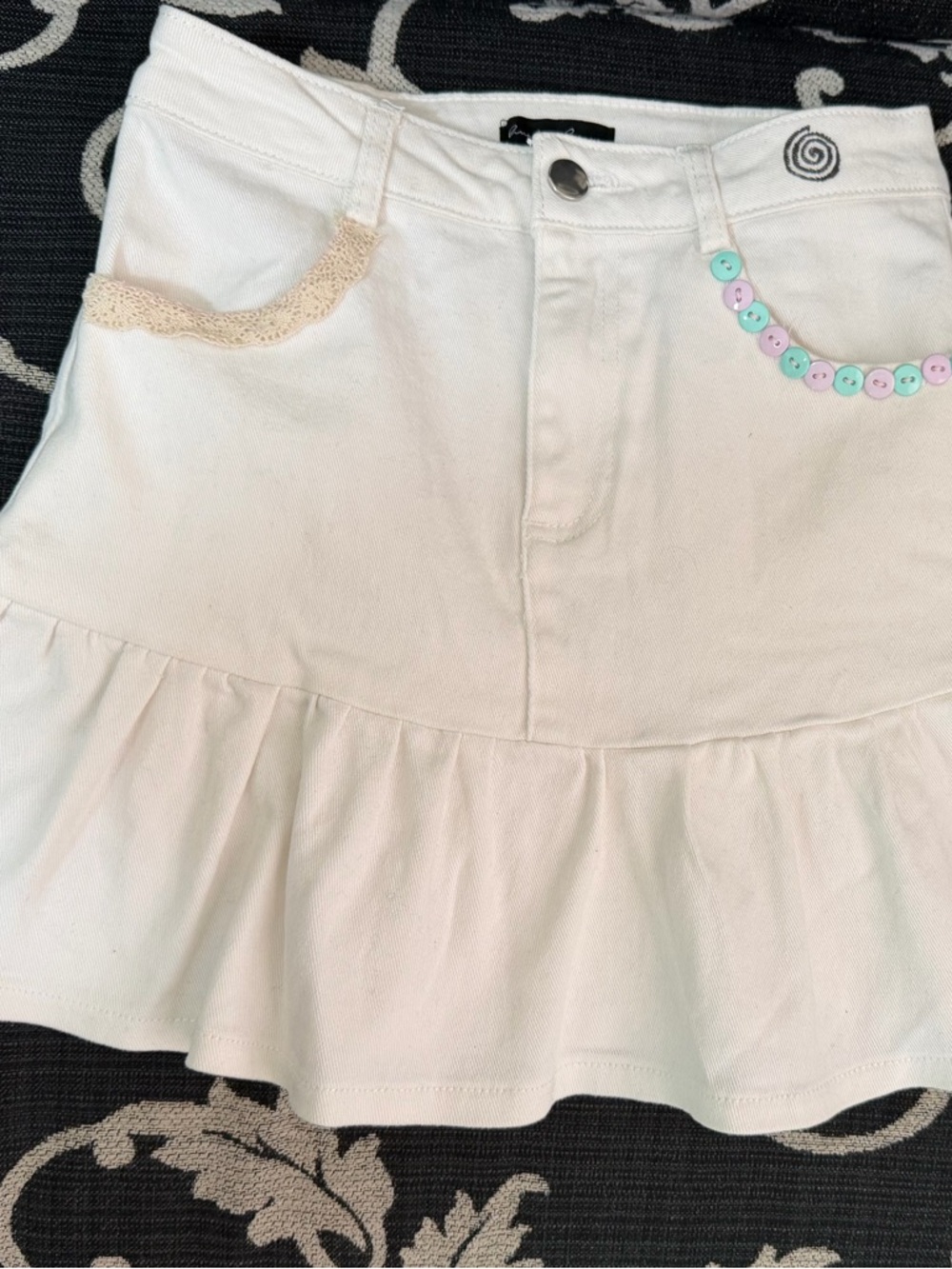 Women’s White Ruffle Denim Skirt with Button Trim